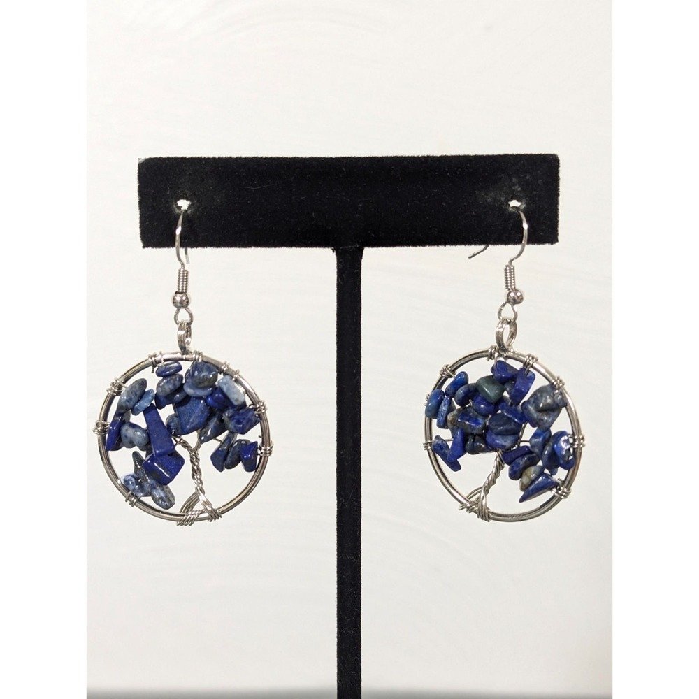 Blue Sodalite Stone Tree Earrings Round Dangle Silver Tone Boho
